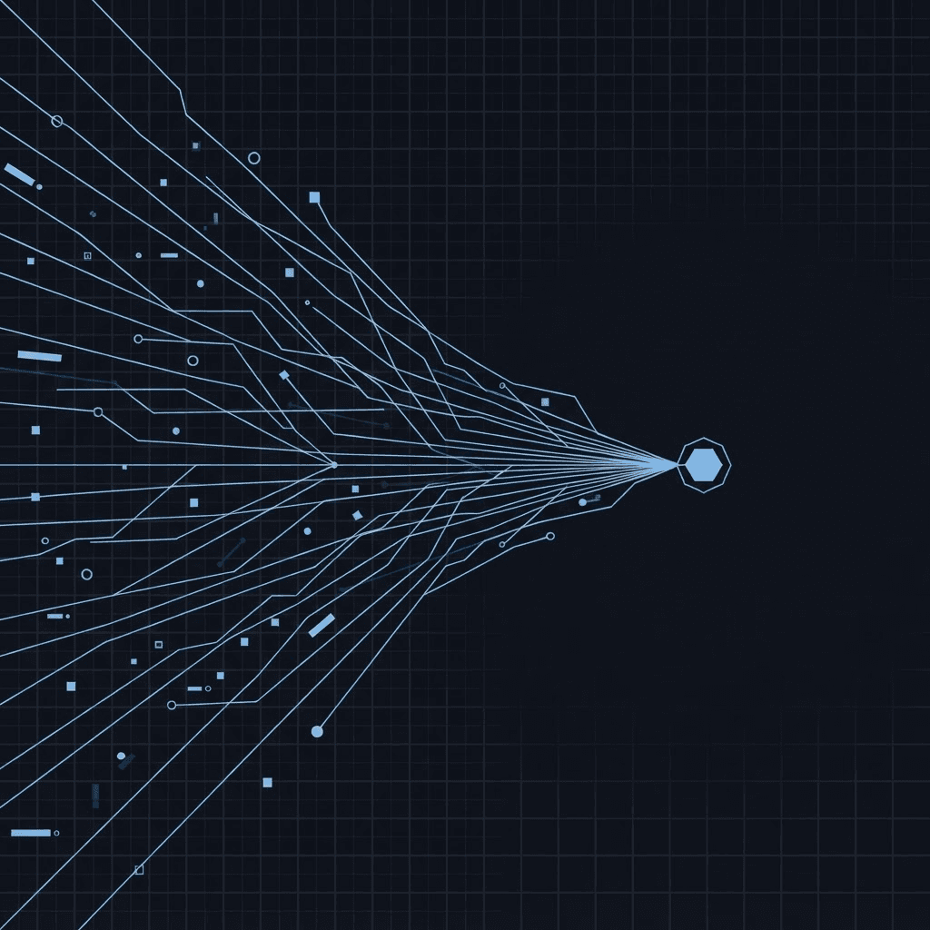Abstract illustration of scattered enterprise data resolving into a single clear decision point